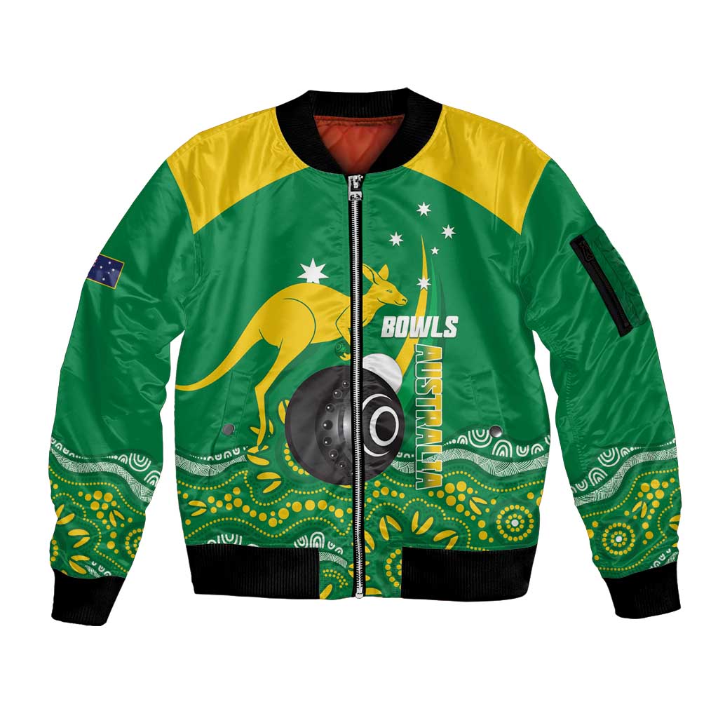 Custom Bowls Australia Sleeve Zip Bomber Jacket Aussie Kangaroo Aboriginal Art - Aussie Hoodie