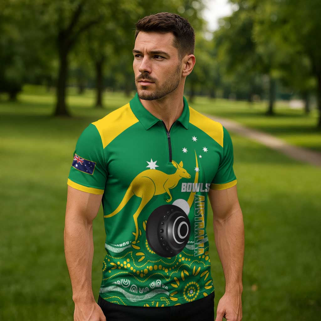 Custom Bowls Australia Zipper Polo Shirt Aussie Kangaroo Aboriginal Art - Aussie Hoodie