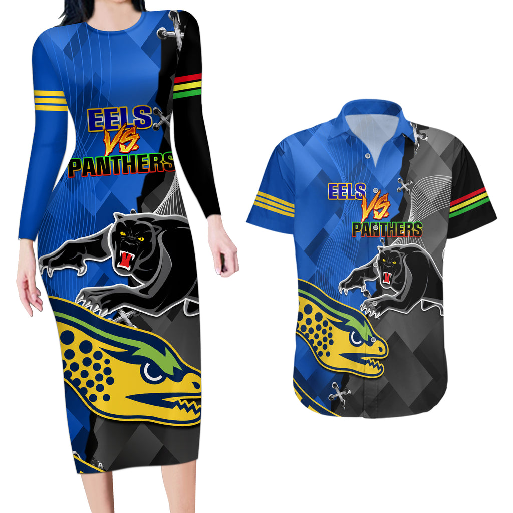 personalised-panthers-and-eels-couples-matching-long-sleeve-bodycon-dress-and-hawaiian-shirt-sporty-version