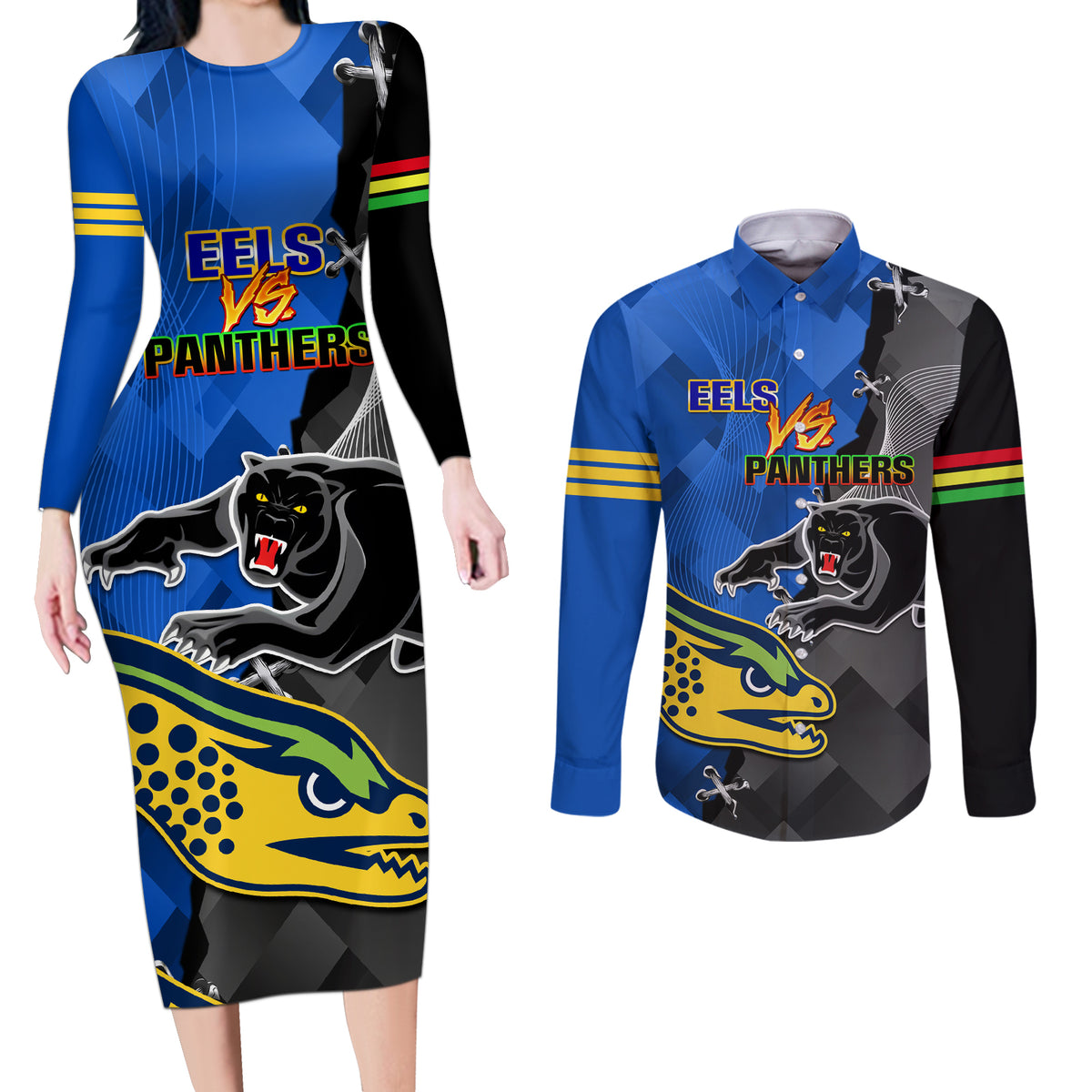 personalised-panthers-and-eels-couples-matching-long-sleeve-bodycon-dress-and-long-sleeve-button-shirt-sporty-version