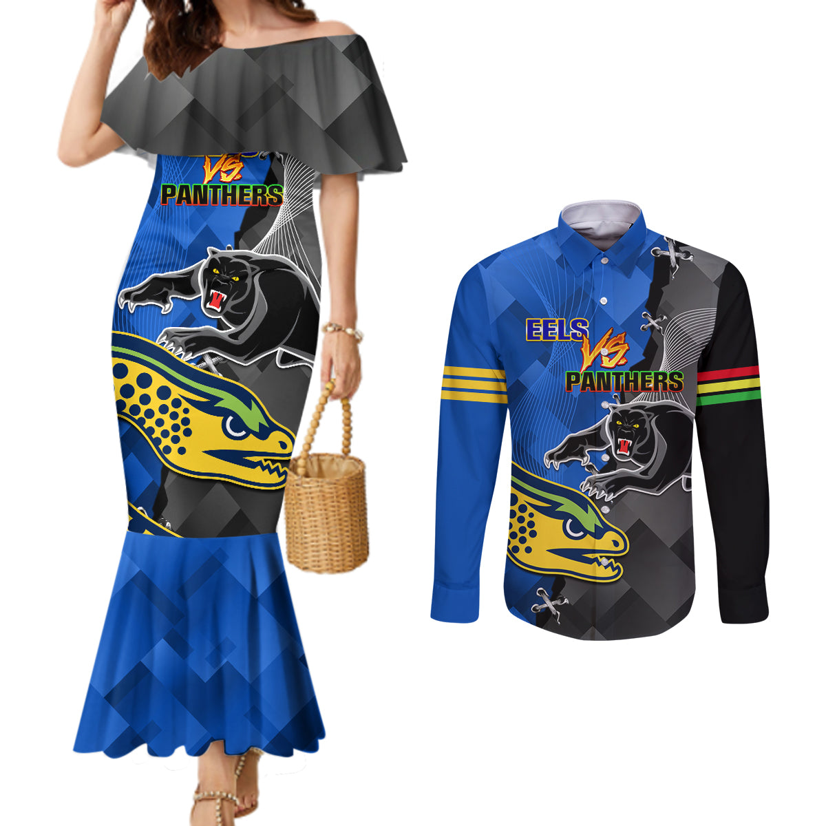 personalised-panthers-and-eels-couples-matching-mermaid-dress-and-long-sleeve-button-shirt-sporty-version