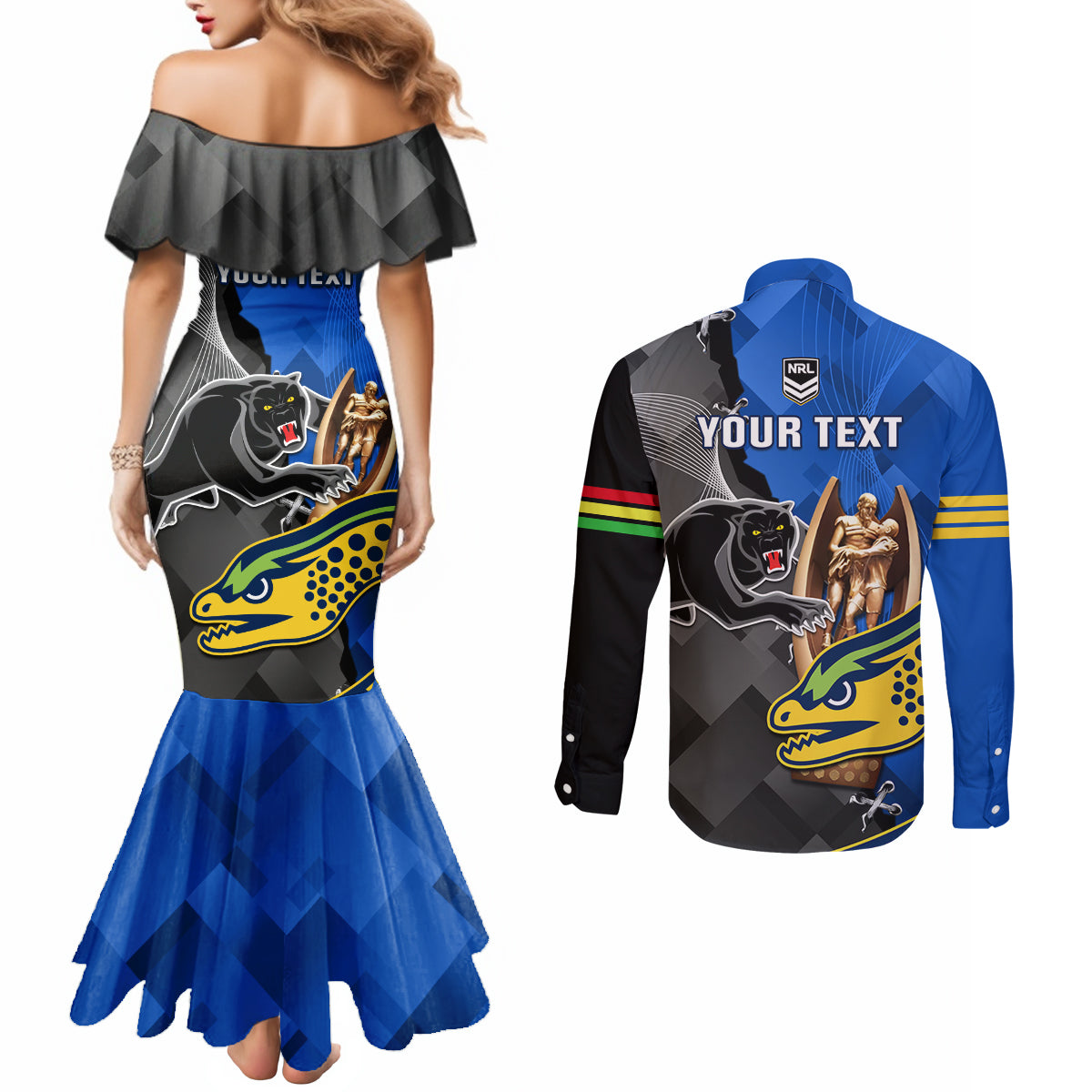 personalised-panthers-and-eels-couples-matching-mermaid-dress-and-long-sleeve-button-shirt-sporty-version
