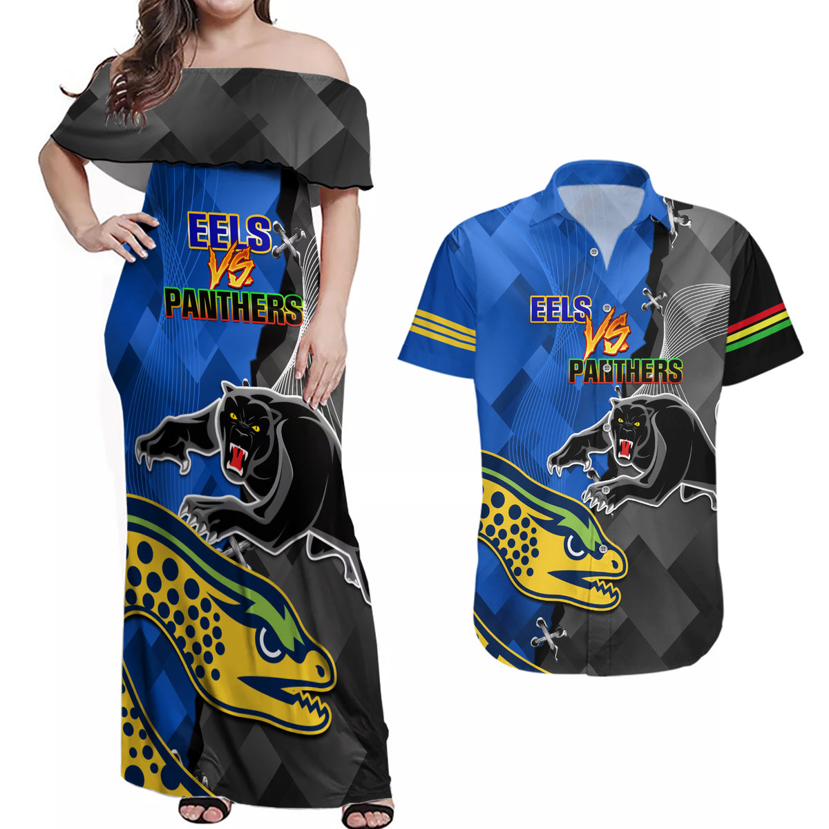 personalised-panthers-and-eels-couples-matching-off-shoulder-maxi-dress-and-hawaiian-shirt-sporty-version