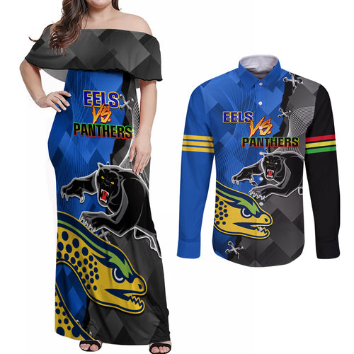 personalised-panthers-and-eels-couples-matching-off-shoulder-maxi-dress-and-long-sleeve-button-shirt-sporty-version