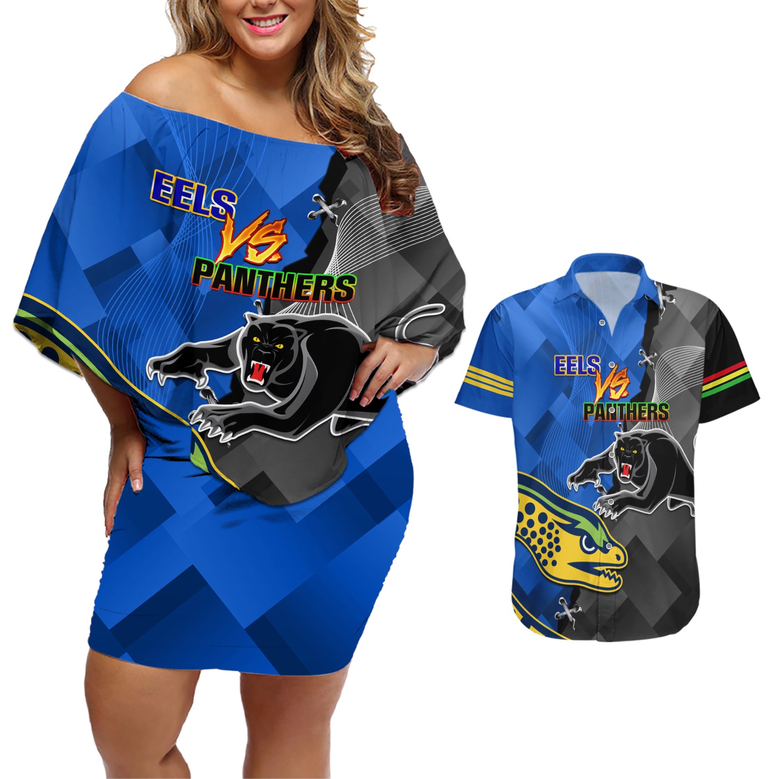 personalised-panthers-and-eels-couples-matching-off-shoulder-short-dress-and-hawaiian-shirt-sporty-version