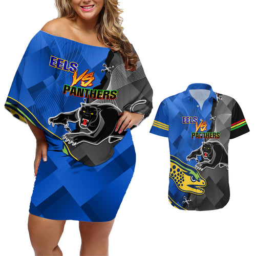 personalised-panthers-and-eels-couples-matching-off-shoulder-short-dress-and-hawaiian-shirt-sporty-version