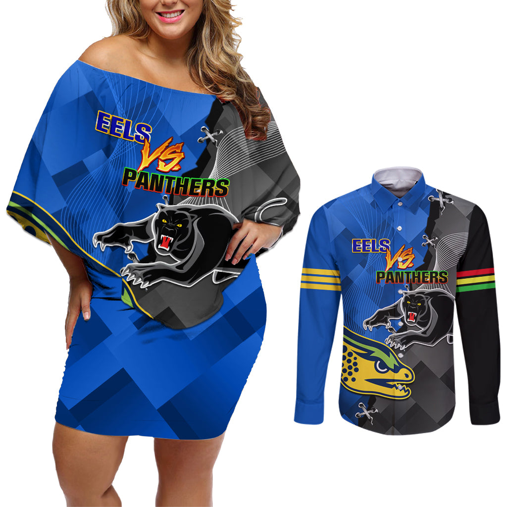 personalised-panthers-and-eels-couples-matching-off-shoulder-short-dress-and-long-sleeve-button-shirt-sporty-version