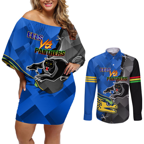 personalised-panthers-and-eels-couples-matching-off-shoulder-short-dress-and-long-sleeve-button-shirt-sporty-version