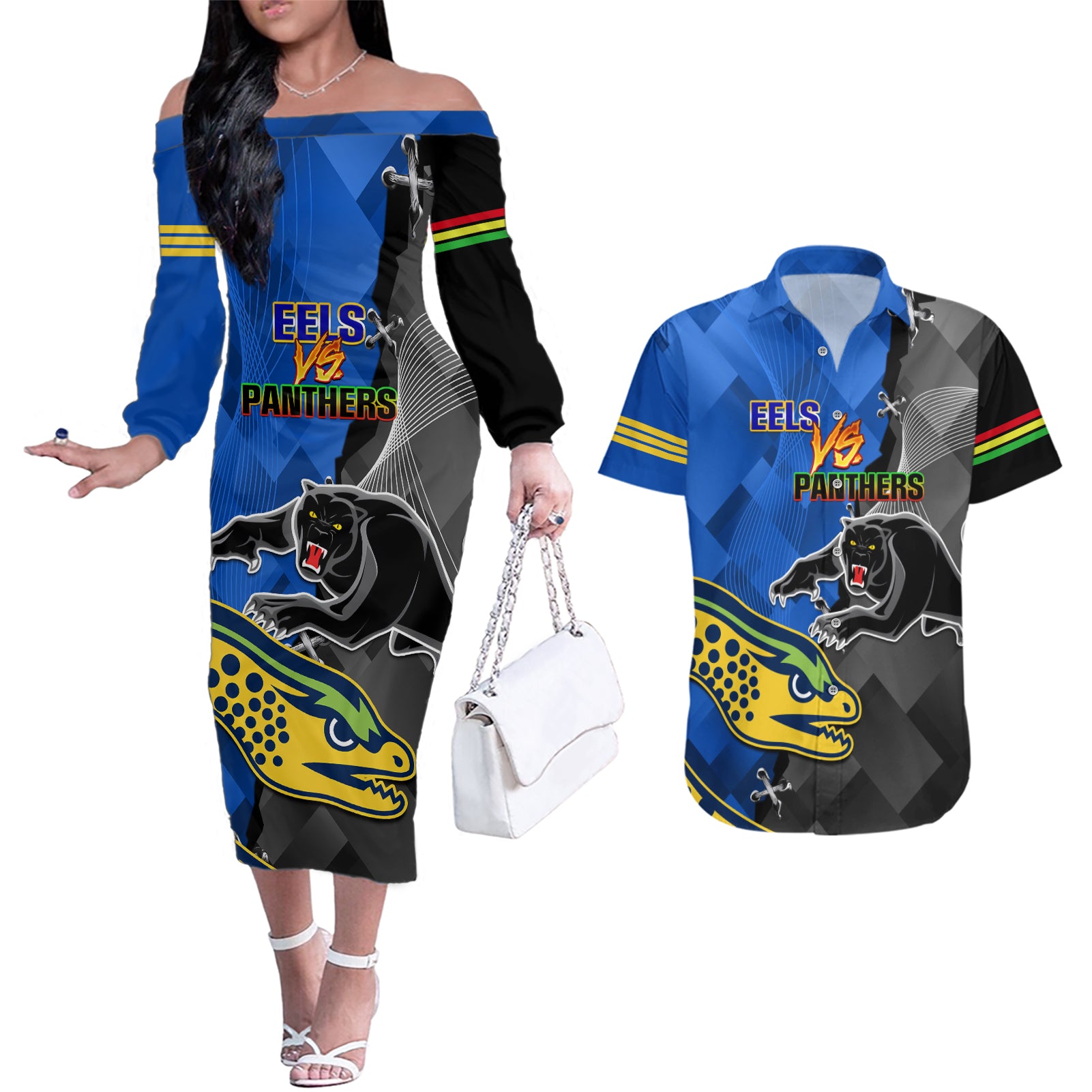 personalised-panthers-and-eels-couples-matching-off-the-shoulder-long-sleeve-dress-and-hawaiian-shirt-sporty-version