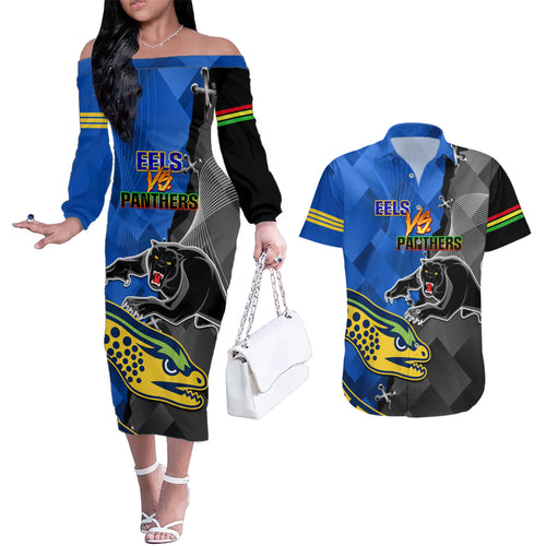 personalised-panthers-and-eels-couples-matching-off-the-shoulder-long-sleeve-dress-and-hawaiian-shirt-sporty-version