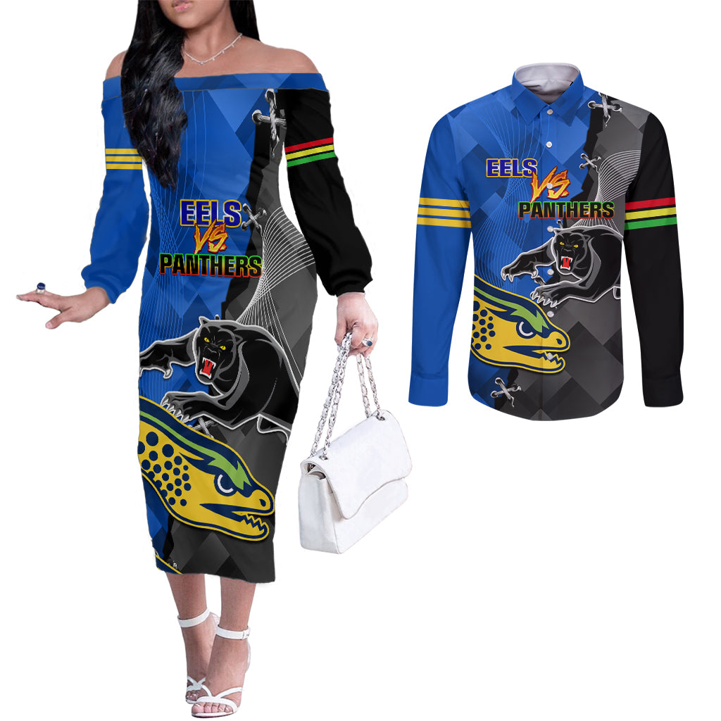 personalised-panthers-and-eels-couples-matching-off-the-shoulder-long-sleeve-dress-and-long-sleeve-button-shirt-sporty-version