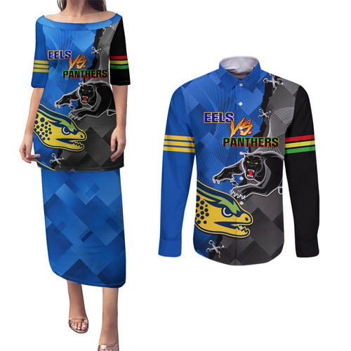 personalised-panthers-and-eels-couples-matching-puletasi-dress-and-long-sleeve-button-shirt-sporty-version