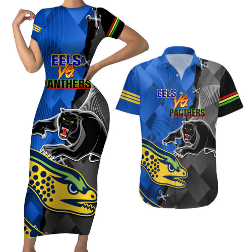 personalised-panthers-and-eels-couples-matching-short-sleeve-bodycon-dress-and-hawaiian-shirt-sporty-version