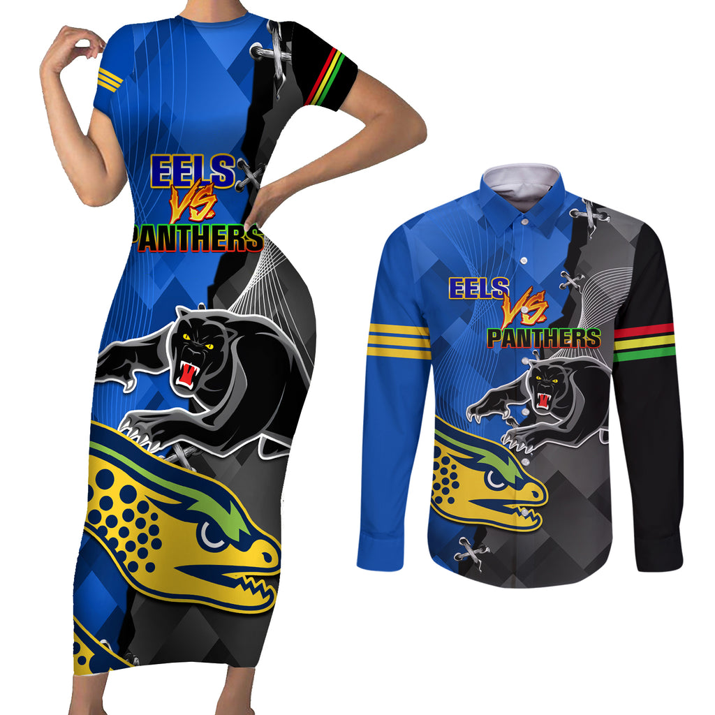 personalised-panthers-and-eels-couples-matching-short-sleeve-bodycon-dress-and-long-sleeve-button-shirt-sporty-version