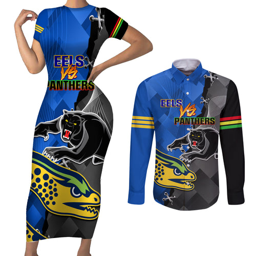 personalised-panthers-and-eels-couples-matching-short-sleeve-bodycon-dress-and-long-sleeve-button-shirt-sporty-version