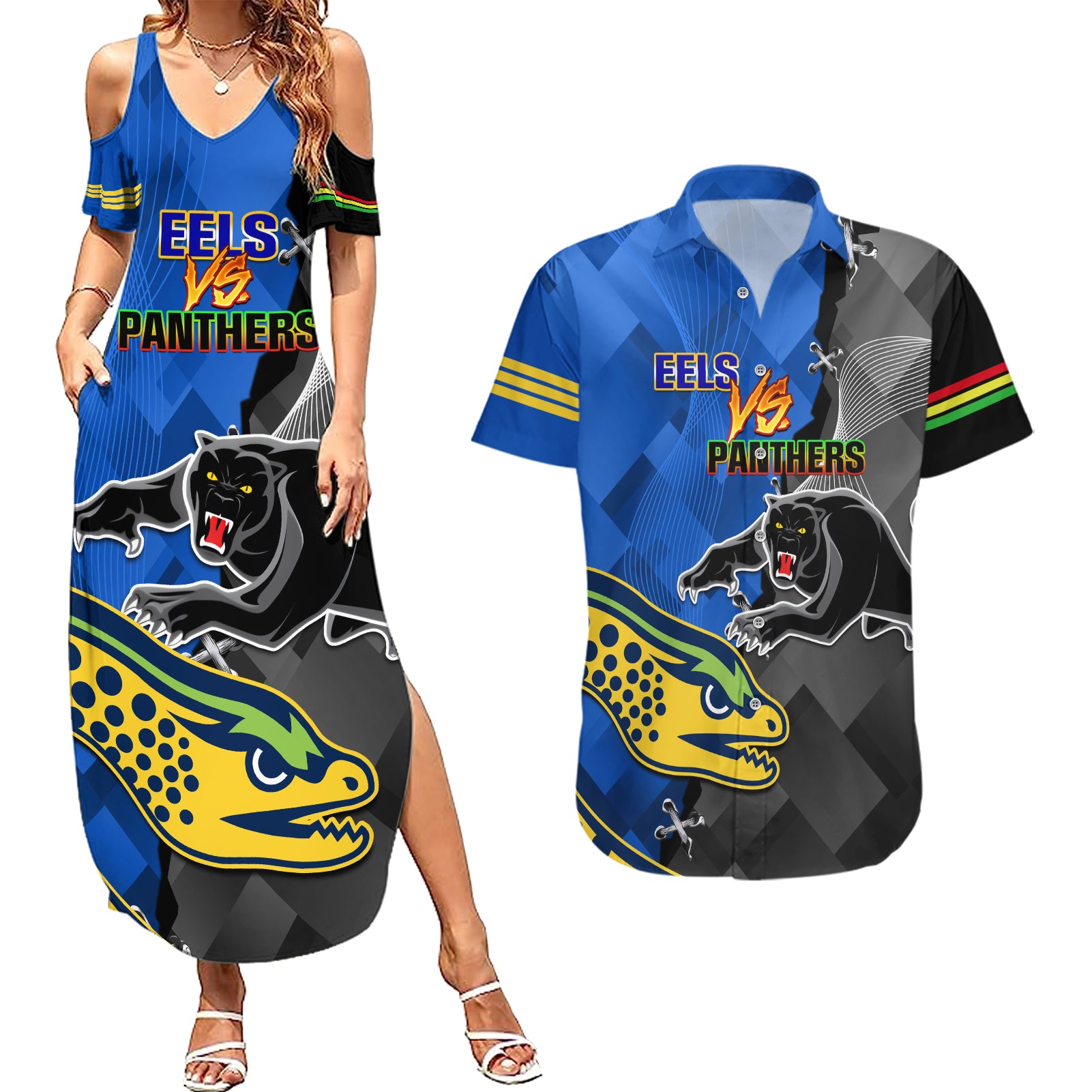personalised-panthers-and-eels-couples-matching-summer-maxi-dress-and-hawaiian-shirt-sporty-version
