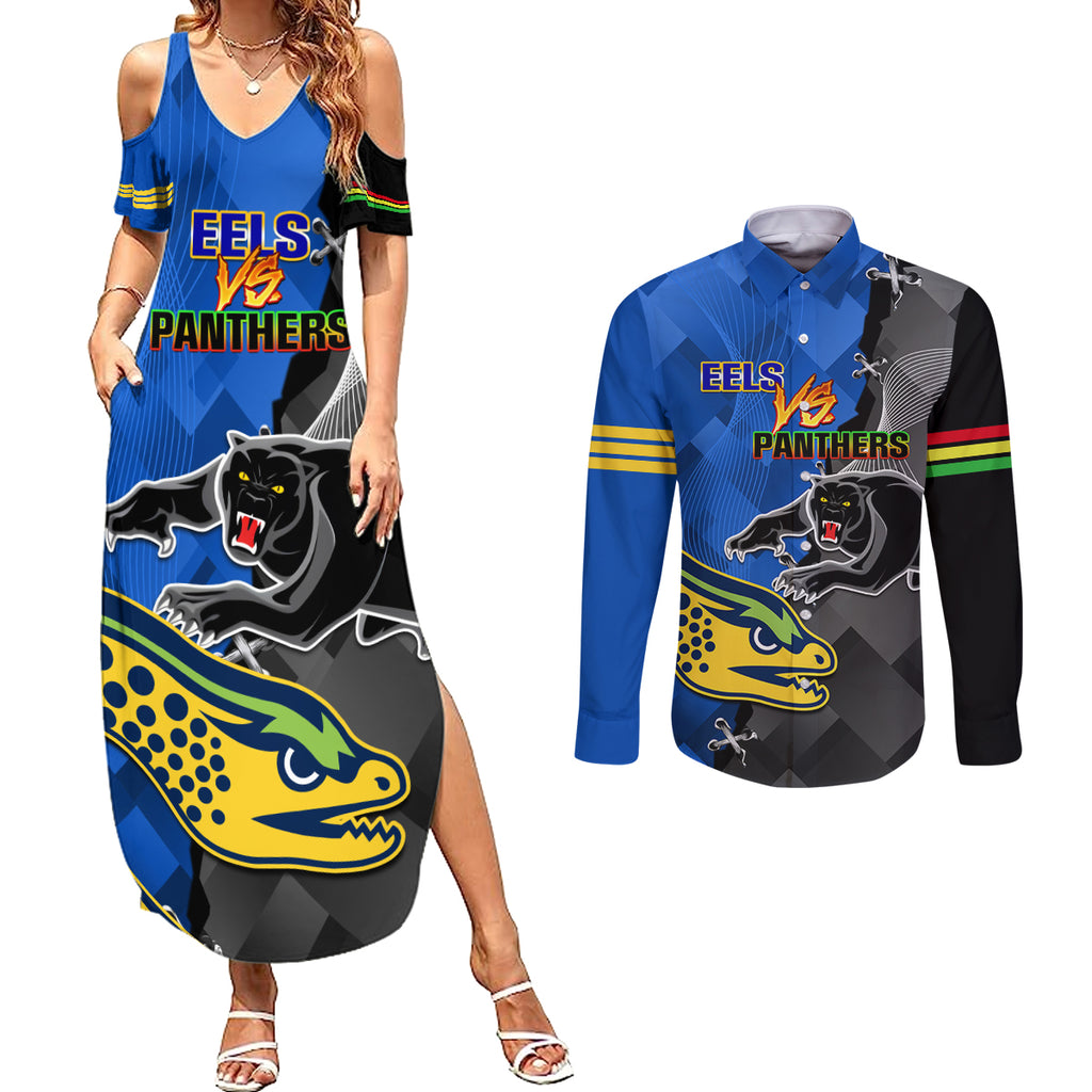 personalised-panthers-and-eels-couples-matching-summer-maxi-dress-and-long-sleeve-button-shirt-sporty-version