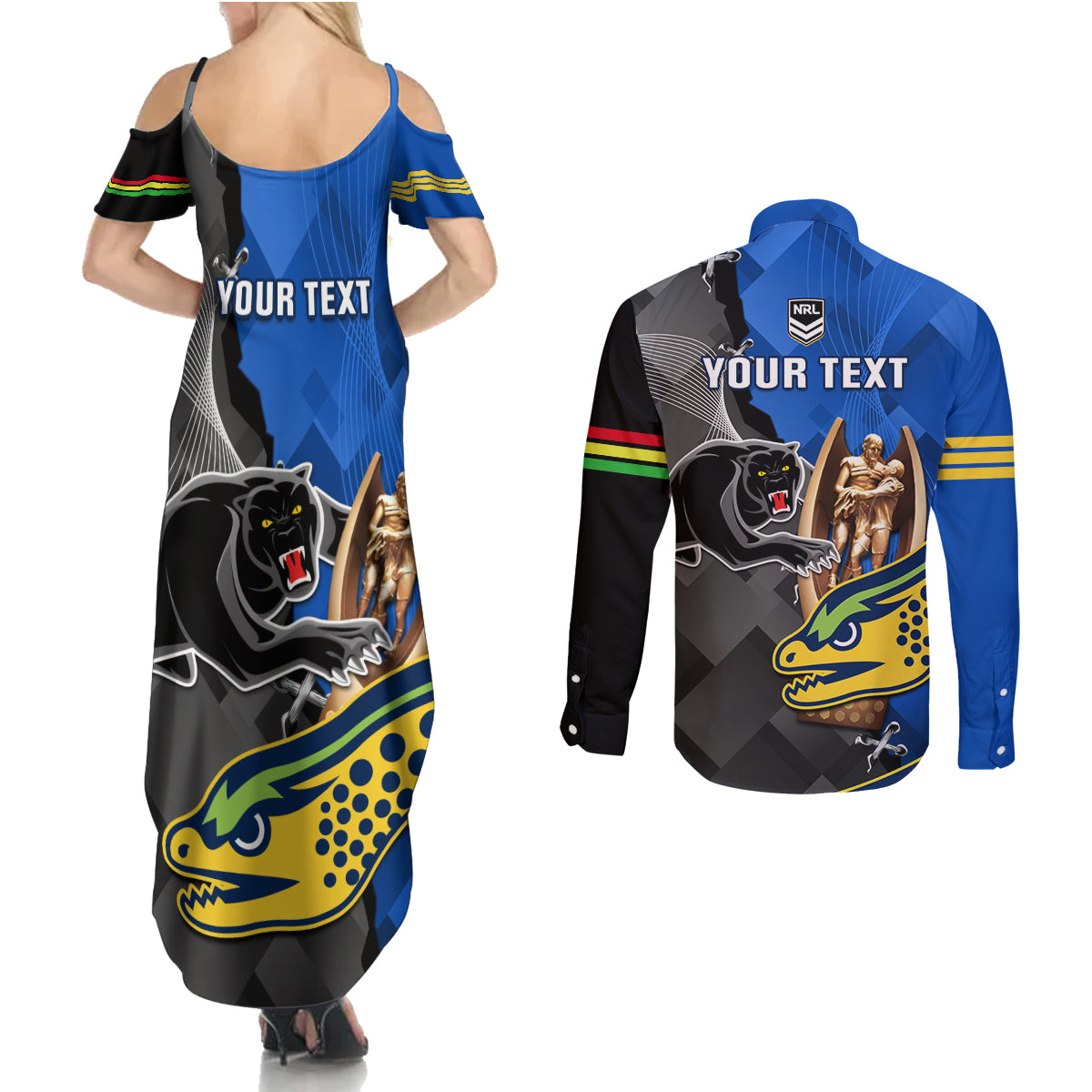 personalised-panthers-and-eels-couples-matching-summer-maxi-dress-and-long-sleeve-button-shirt-sporty-version