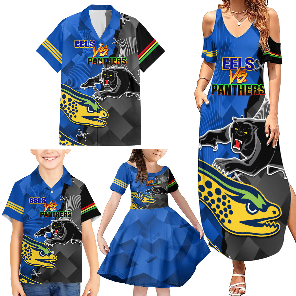 personalised-panthers-and-eels-family-matching-summer-maxi-dress-and-hawaiian-shirt-sporty-version