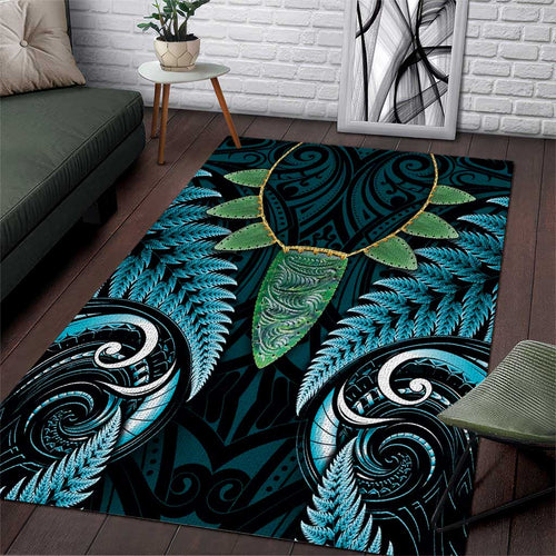 Aotearoa Pounamu Niho Area Rug Silver Fern Mix Maori Pattern - Turquoise