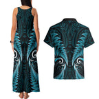 Aotearoa Pounamu Niho Couples Matching Tank Maxi Dress and Hawaiian Shirt Silver Fern Mix Maori Pattern - Turquoise