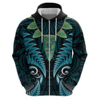 Aotearoa Pounamu Niho Hoodie Silver Fern Mix Maori Pattern - Turquoise