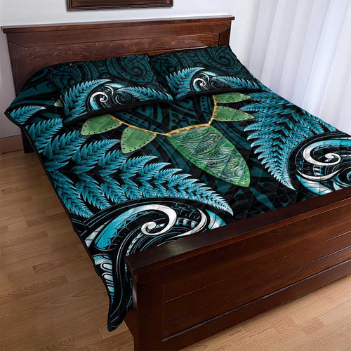 Aotearoa Pounamu Niho Quilt Bed Set Silver Fern Mix Maori Pattern - Turquoise