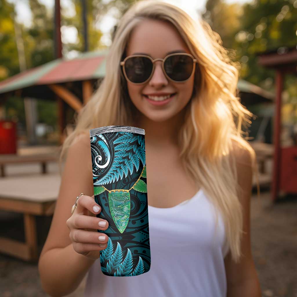 Aotearoa Pounamu Niho Skinny Tumbler Silver Fern Mix Maori Pattern - Turquoise