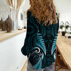 Aotearoa Pounamu Niho Women Casual Shirt Silver Fern Mix Maori Pattern - Turquoise