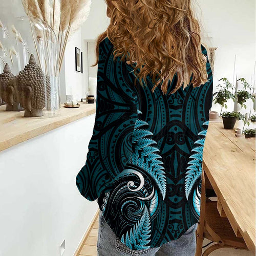 Aotearoa Pounamu Niho Women Casual Shirt Silver Fern Mix Maori Pattern - Turquoise