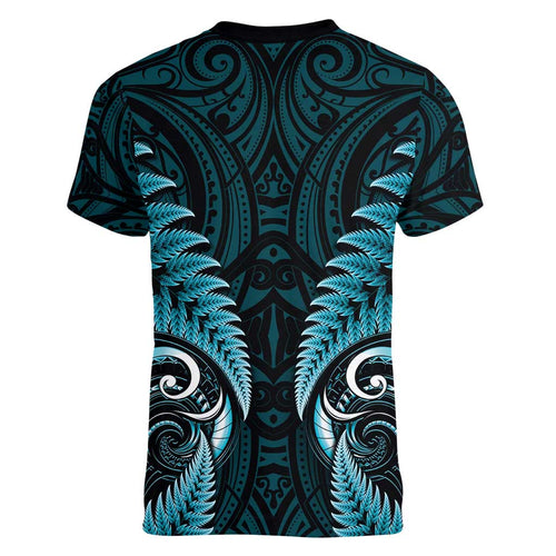 Aotearoa Pounamu Niho Women V-Neck T-Shirt Silver Fern Mix Maori Pattern - Turquoise