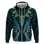 Aotearoa Pounamu Niho Zip Hoodie Silver Fern Mix Maori Pattern - Turquoise