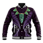 Aotearoa Pounamu Niho Baseball Jacket Silver Fern Mix Maori Pattern - Purple