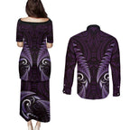 Aotearoa Pounamu Niho Couples Matching Puletasi and Long Sleeve Button Shirt Silver Fern Mix Maori Pattern - Purple