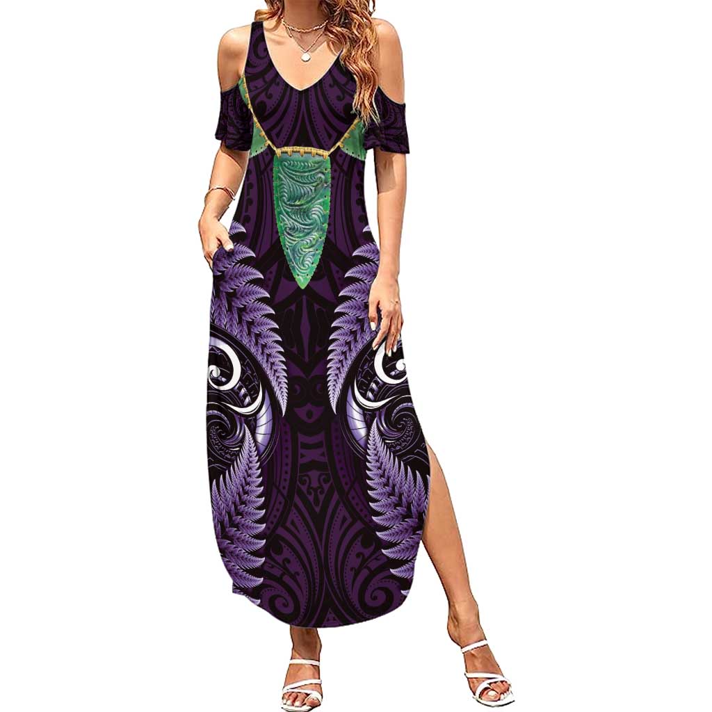 Aotearoa Pounamu Niho Family Matching Summer Maxi Dress and Hawaiian Shirt Silver Fern Mix Maori Pattern - Purple