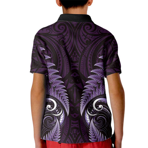 Aotearoa Pounamu Niho Kid Polo Shirt Silver Fern Mix Maori Pattern - Purple