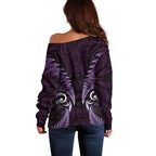 Aotearoa Pounamu Niho Off Shoulder Sweater Silver Fern Mix Maori Pattern - Purple