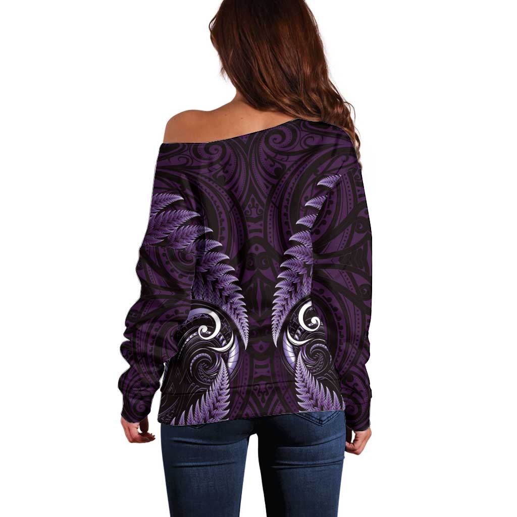 Aotearoa Pounamu Niho Off Shoulder Sweater Silver Fern Mix Maori Pattern - Purple