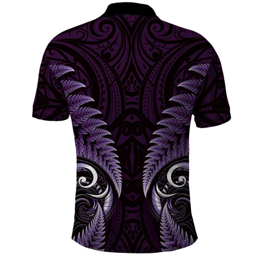Aotearoa Pounamu Niho Polo Shirt Silver Fern Mix Maori Pattern - Purple