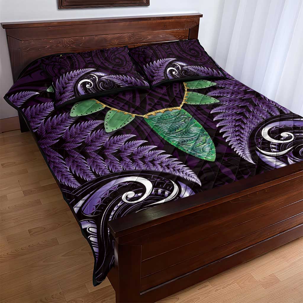 Aotearoa Pounamu Niho Quilt Bed Set Silver Fern Mix Maori Pattern - Purple