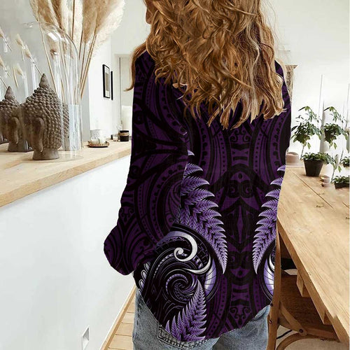 Aotearoa Pounamu Niho Women Casual Shirt Silver Fern Mix Maori Pattern - Purple