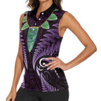 Aotearoa Pounamu Niho Women Sleeveless Polo Shirt Silver Fern Mix Maori Pattern - Purple