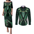 Aotearoa Pounamu Niho Couples Matching Puletasi and Long Sleeve Button Shirt Silver Fern Mix Maori Pattern - Green