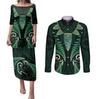 Aotearoa Pounamu Niho Couples Matching Puletasi and Long Sleeve Button Shirt Silver Fern Mix Maori Pattern - Green
