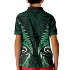 Aotearoa Pounamu Niho Kid Polo Shirt Silver Fern Mix Maori Pattern - Green