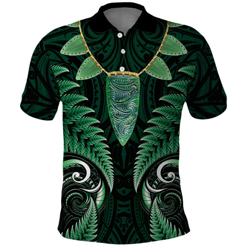 Aotearoa Pounamu Niho Polo Shirt Silver Fern Mix Maori Pattern - Green