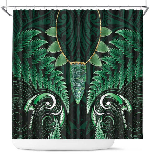 Aotearoa Pounamu Niho Shower Curtain Silver Fern Mix Maori Pattern - Green