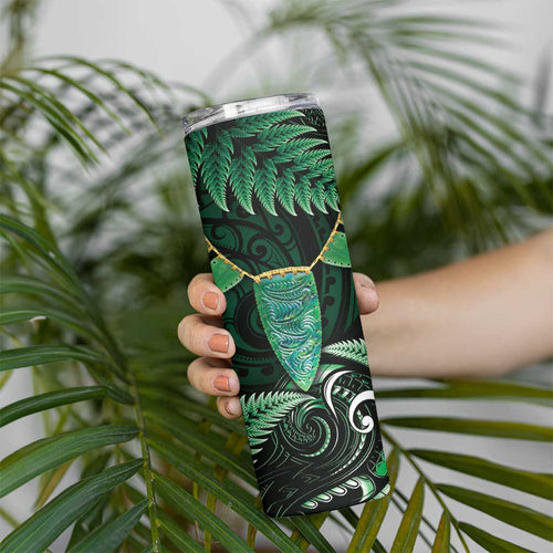 Aotearoa Pounamu Niho Skinny Tumbler Silver Fern Mix Maori Pattern - Green