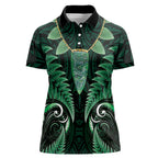 Aotearoa Pounamu Niho Women Polo Shirt Silver Fern Mix Maori Pattern - Green