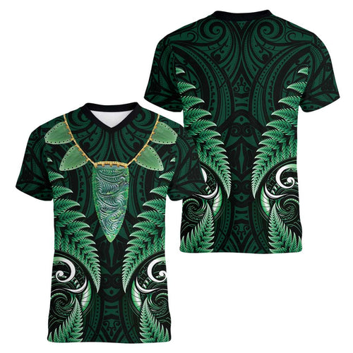 Aotearoa Pounamu Niho Women V-Neck T-Shirt Silver Fern Mix Maori Pattern - Green
